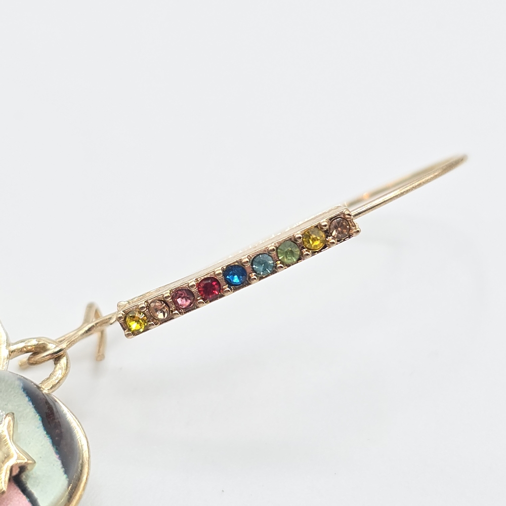Betsey Johnson "One Love" Rainbow Heart Dangle Earrings Gold Stars Rhinestones - Picture 7 of 10